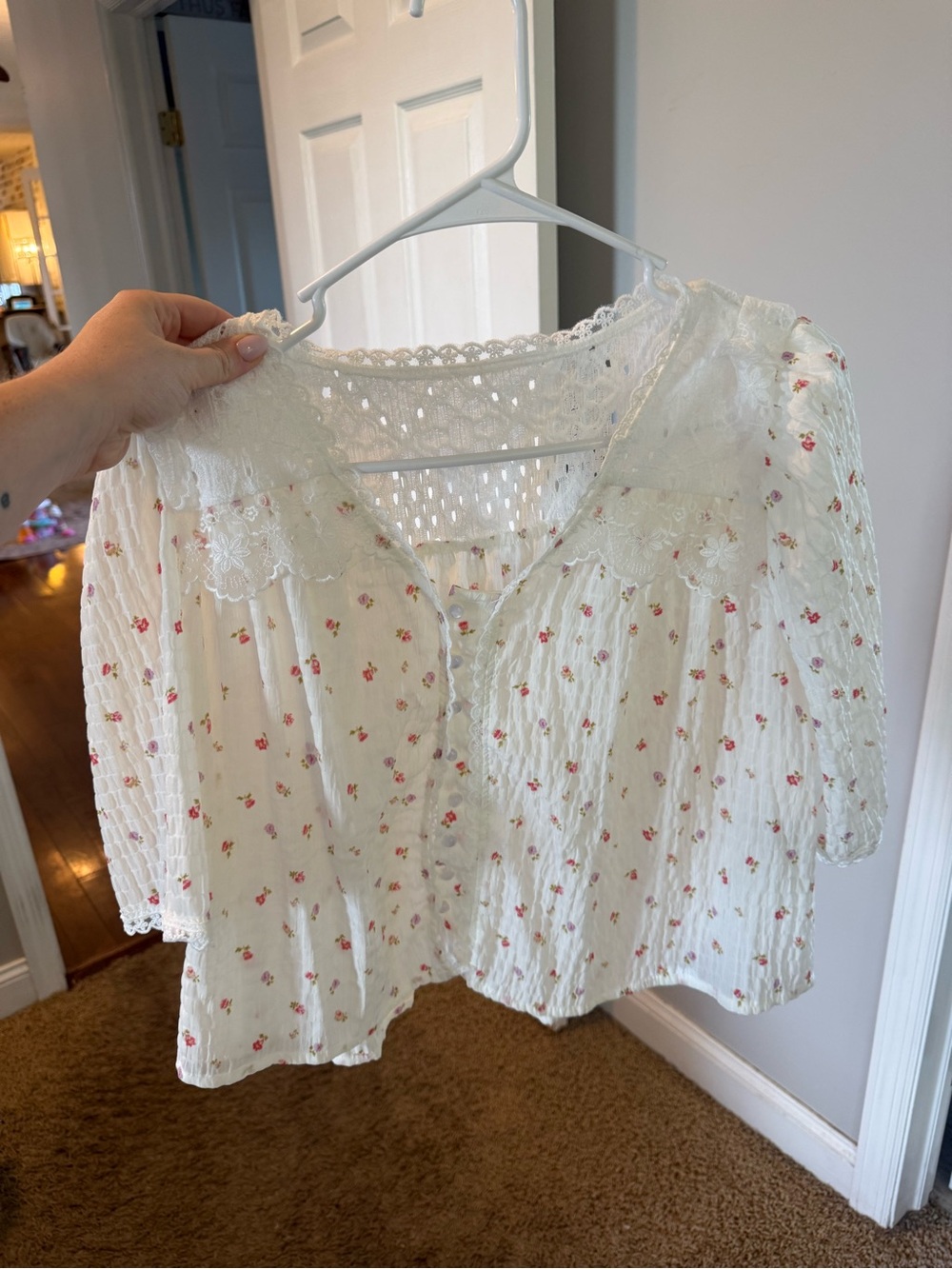 Lace-Trim Floral Peasant Blouse - White with Pink Floral size M